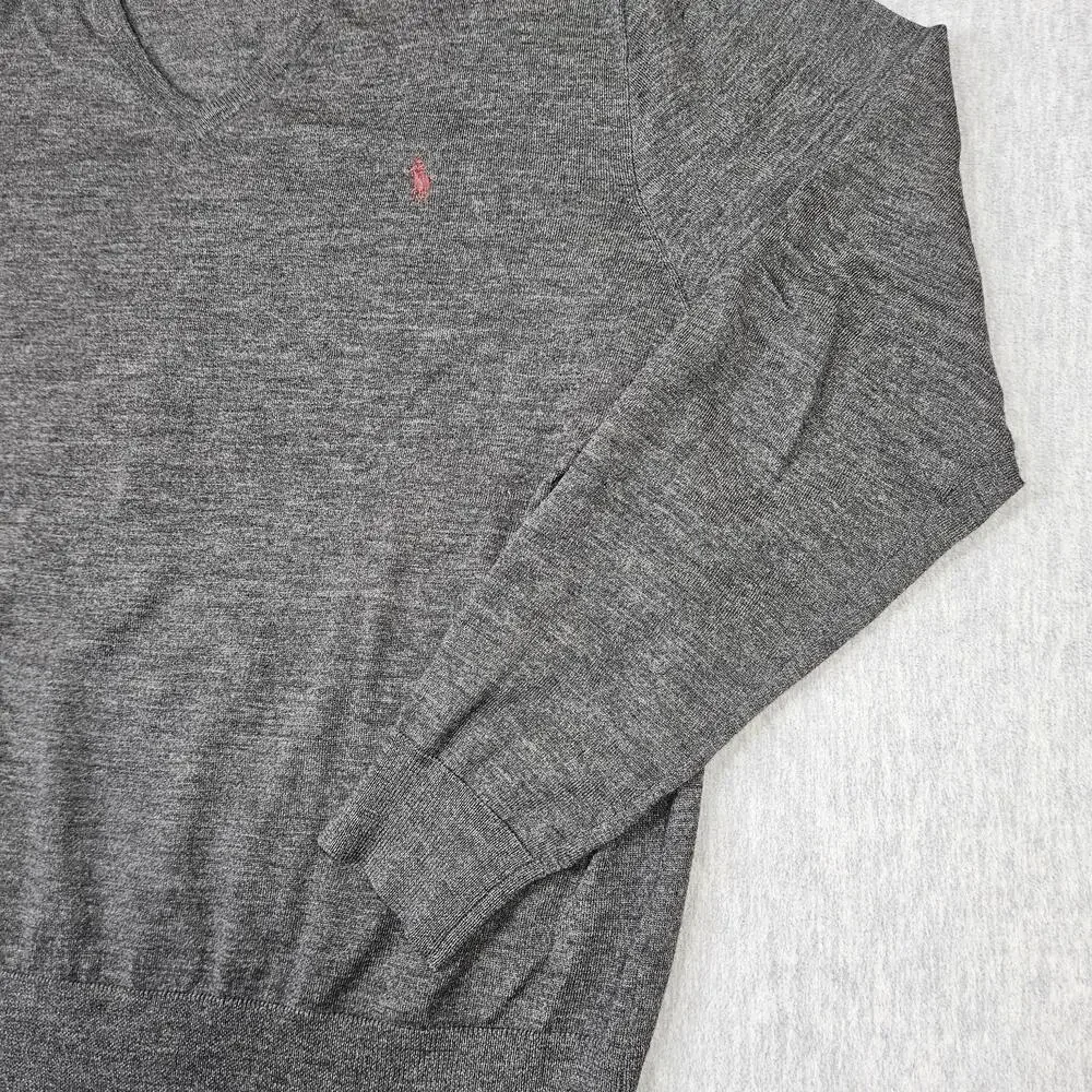 Polo Ralph Lauren Sweater Mens 2XL Gray Merino Wool V-Neck Embroidered Pony